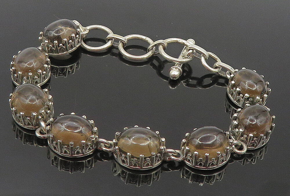 925 Sterling Silver  Vintage Cabochon Cut Smoky Topaz Chain Bracelet  BT4609
