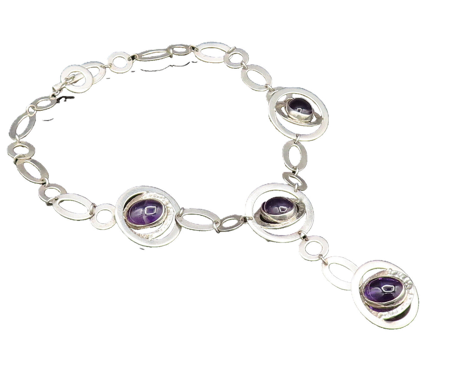 925 Silver  Vintage Hammered & Shiny Open Circle Amethyst Necklace  NE3899