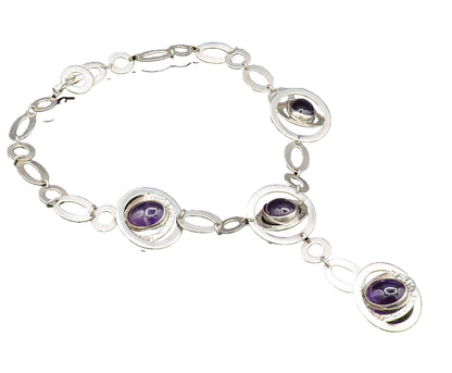 925 Silver  Vintage Hammered & Shiny Open Circle Amethyst Necklace  NE3899