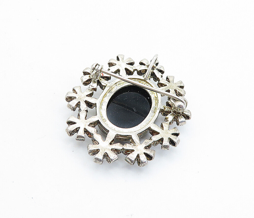 925 Silver  Vintage Mother Of Pearl & Black Onyx Cameo Brooch Pin  BP2587