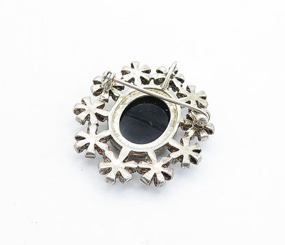 925 Silver  Vintage Mother Of Pearl & Black Onyx Cameo Brooch Pin  BP2587