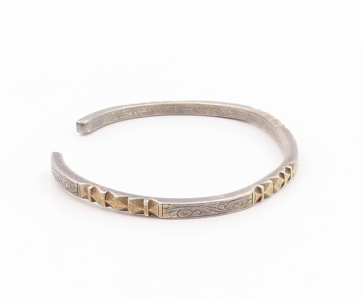 925 Sterling Silver Vintage Bracelet Two Tone Geometric Carved Cuff  BT11808