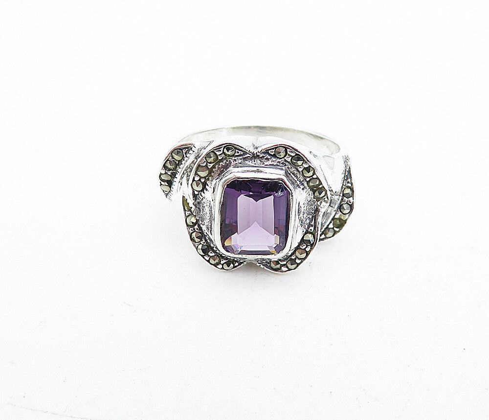 925 Sterling Silver  Amethyst & Marcasite Shiny Cocktail Ring Sz 7  RG5685