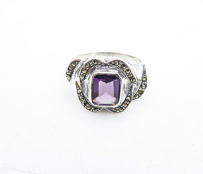 925 Sterling Silver  Amethyst & Marcasite Shiny Cocktail Ring Sz 7  RG5685