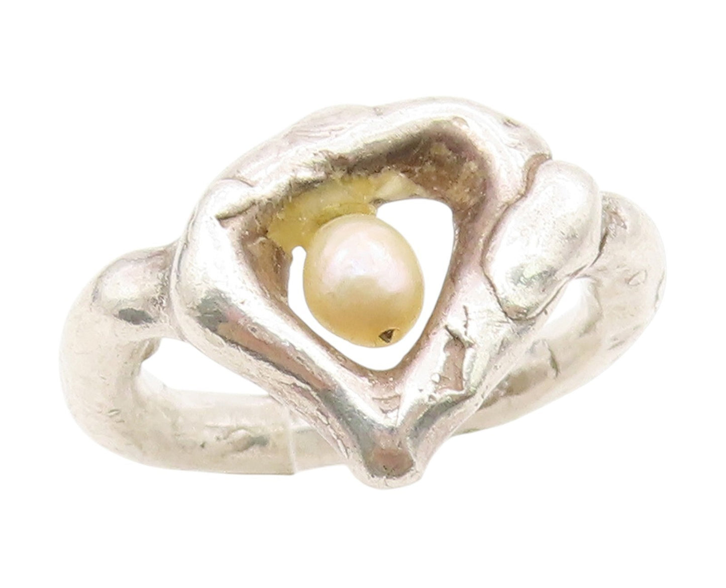 925 Sterling Silver Vintage Ring Round Pearl Abstract Love Heart  Sz 8  RG34473