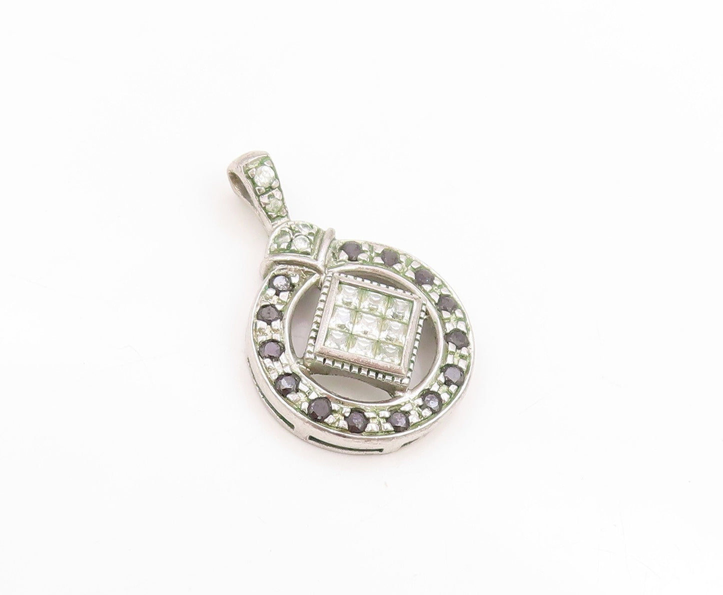 925 Sterling Silver Vintage Pendant Black & White CZ Geometric Charm  PT25824