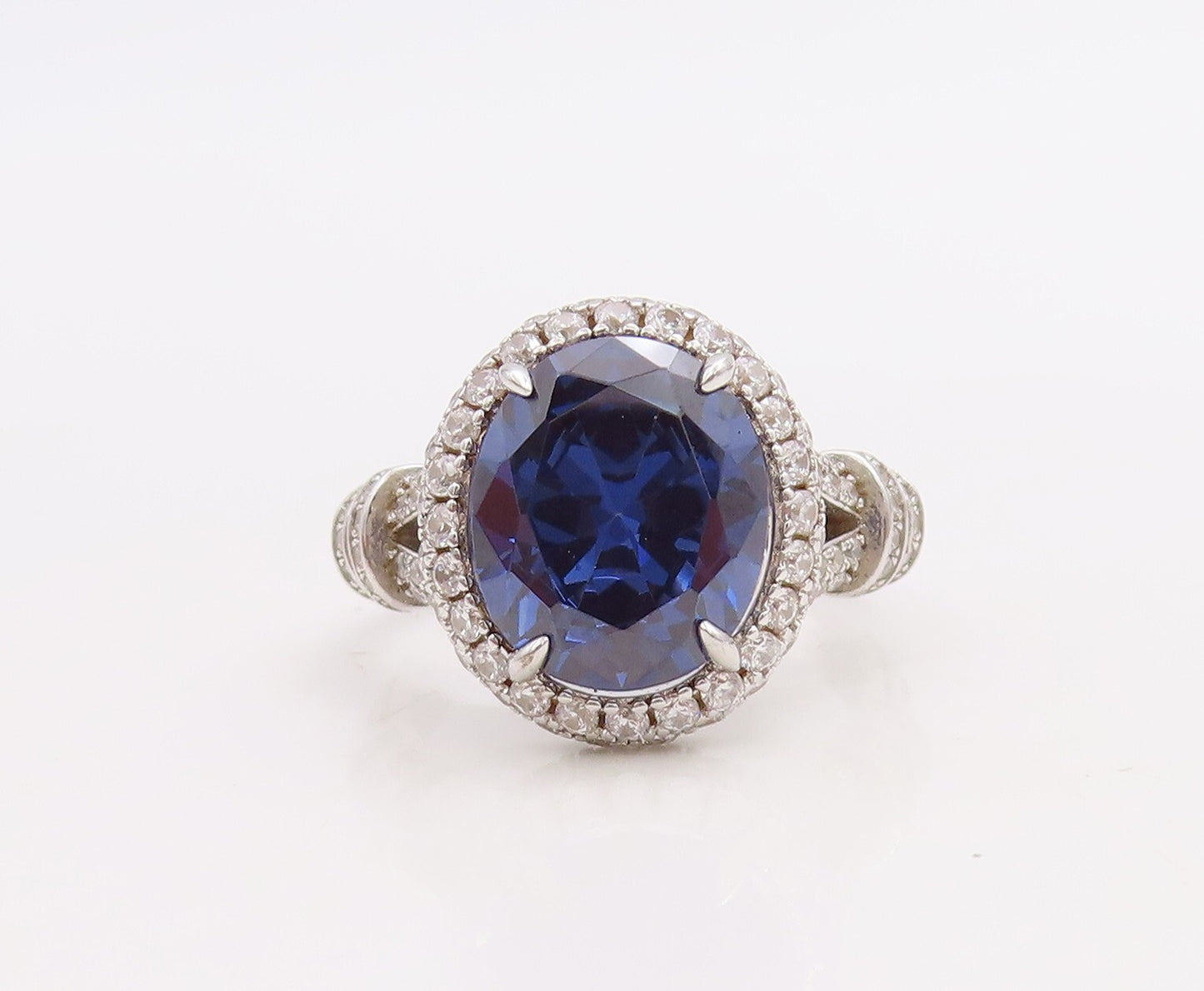 925 Sterling Silver Vintage Ring Designer Cutout Sapphire & CZ  Sz 7  RG30990