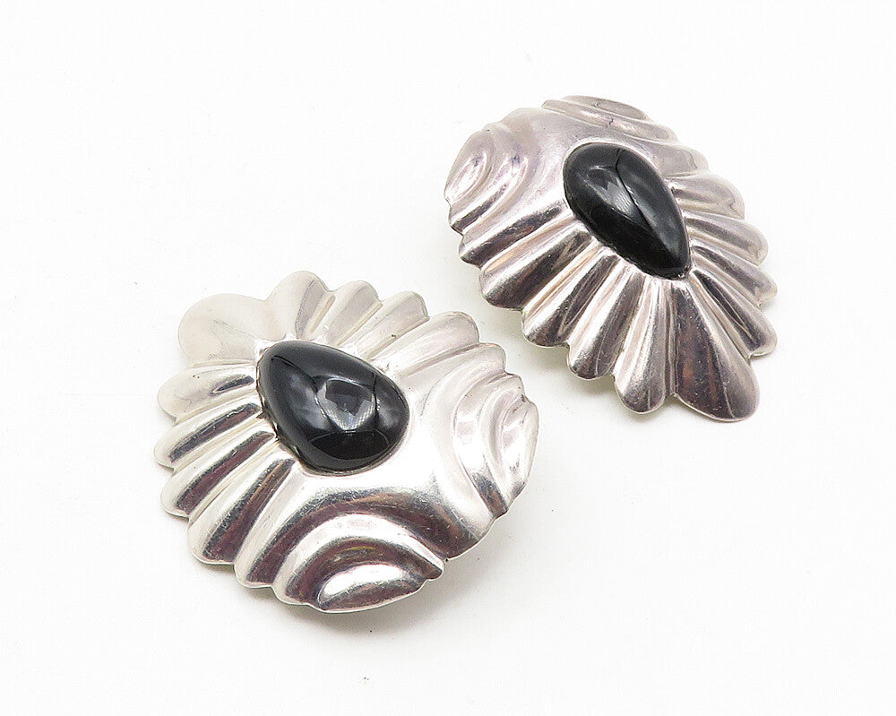 MEXICO 925 Sterling Silver Vintage Black Onyx Fluted Non Pierce Earrings  EG5739