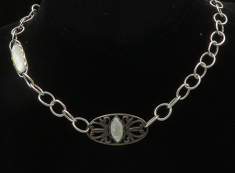 CAROLYN POLLACK 925 Silver  Vintage Mother Of Pearl Chain Necklace  NE3576
