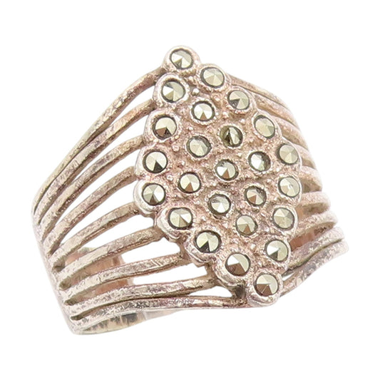 925 Sterling Silver Vintage Ring Cluster Marcasite Split Shank  Sz 8  RG33994