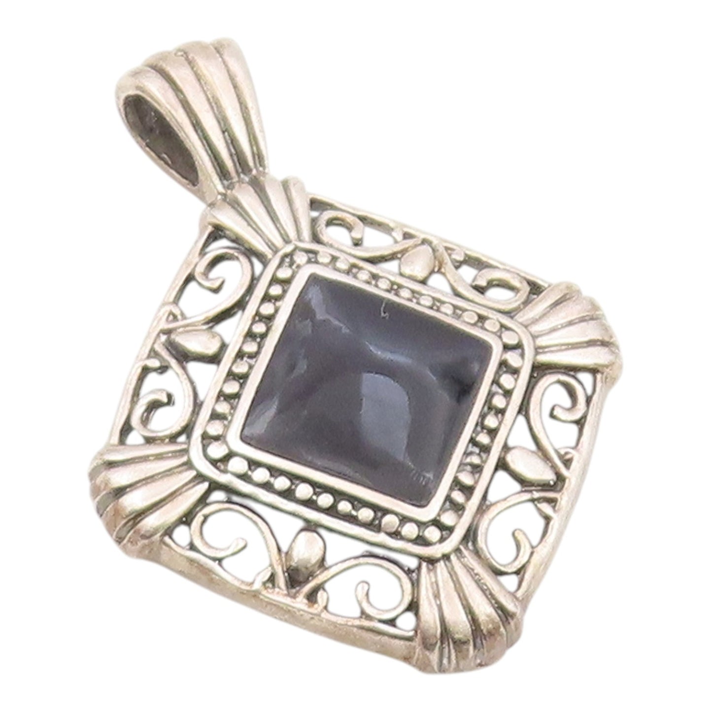 MEXICO 925 Sterling Silver  Vintage Black Onyx Swirl Border Pendant  PT11969