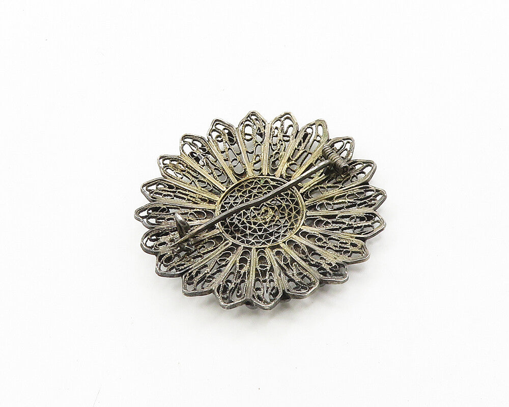 925 Sterling Silver  Vintage Antique Filigree Flower Motif Brooch Pin  BP7697