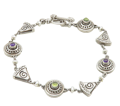 MWD 925 Silver  Vintage Peridot Amethyst & Petite Pearls Chain Bracelet BT7106