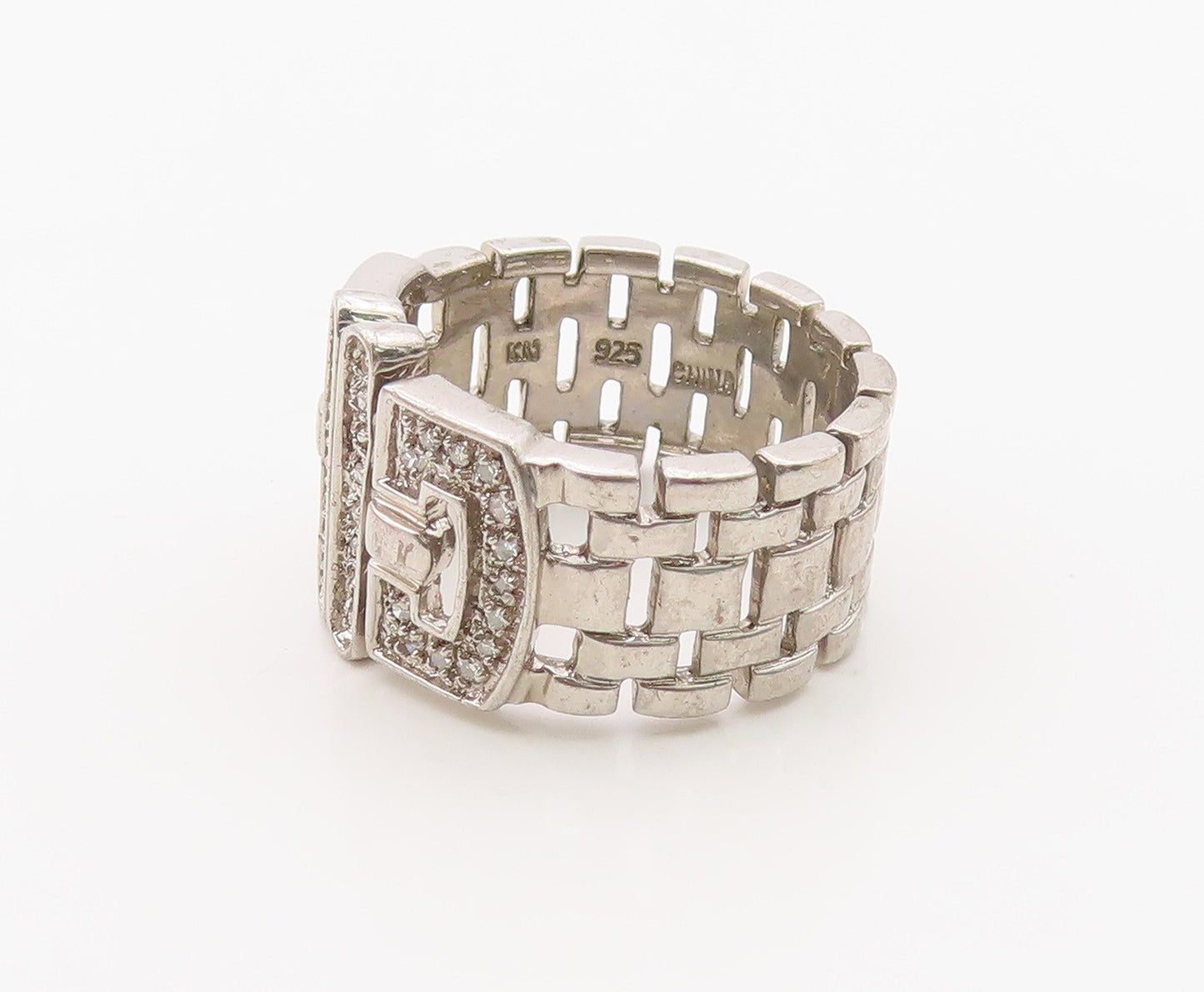 925 Sterling Silver Vintage Ring Real Diamonds Classic Belt Band  Sz 9  RG36396