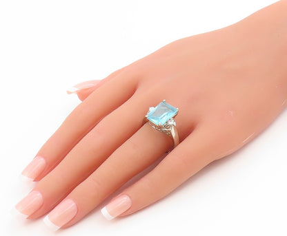 925 Sterling Silver Vintage Ring Elegant Aquamarine & CZ Band  Sz 10.5  RG35551