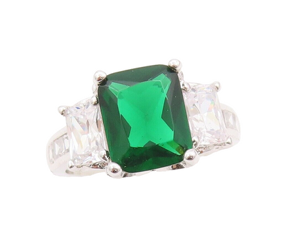 925 Sterling Silver Vintage Ring Leaves Carved Green & White CZ  Sz 7  RG29661