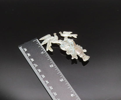 925 Silver  Vintage Antique Hand Holding Flower & Dove Birds Brooch Pin BP9573