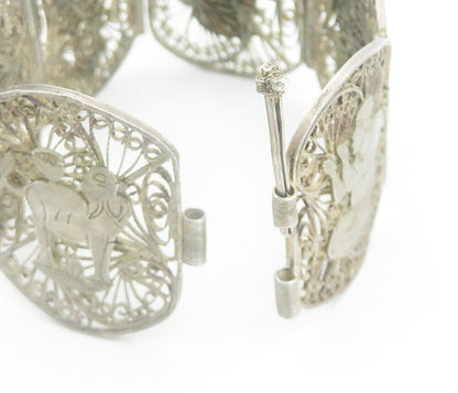 925 Sterling Silver Vintage Antique Filigree Panel Chain Bracelet BT3374