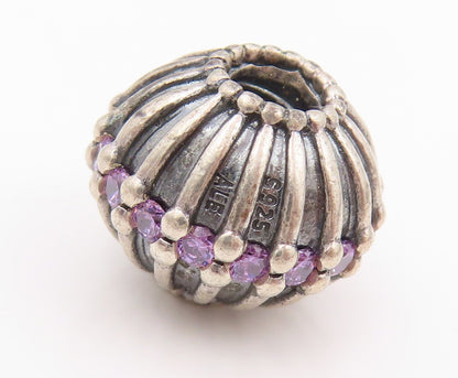 925 Sterling Silver Vintage Pendant PANDORA Amethyst Inlay Grooved Bead  PT24188