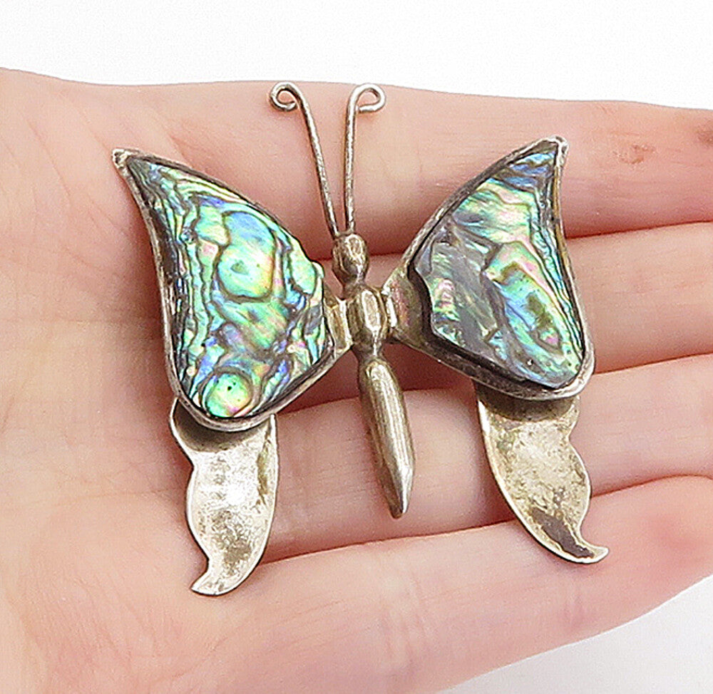 MEXICO 925 Sterling Silver  Vintage Abalone Shell Butterfly Brooch Pin  BP1338