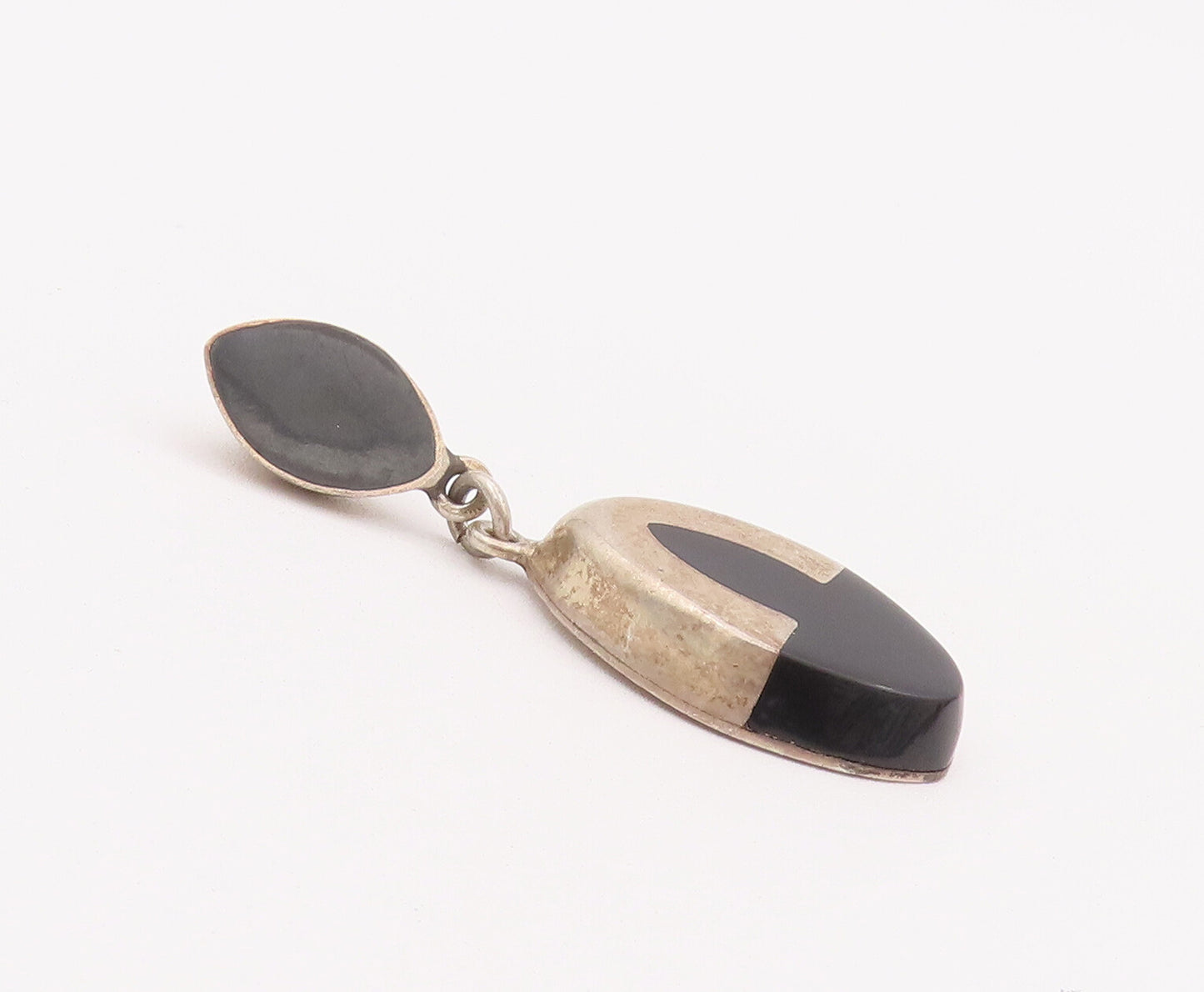 925 Sterling Silver Vintage Earrings MEXICO Linked Dangling Inlay Onyx  EG12931