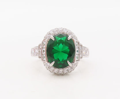 925 Sterling Silver Vintage Ring Oval Cut Green Halo White CZ Inlay Sz 7 RG30641