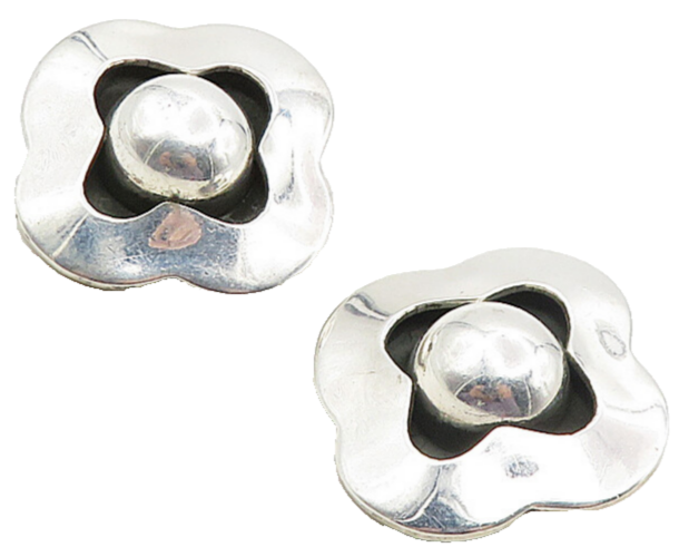 MEXICO 925 Sterling Silver Vintage Shiny Flower Motif Non Pierce Earrings EG4984