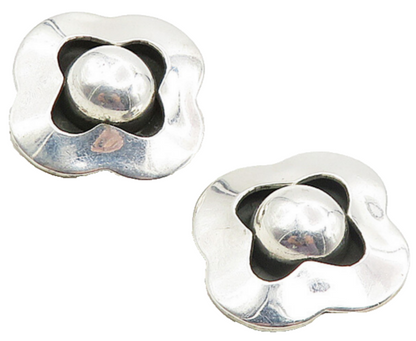 MEXICO 925 Sterling Silver Vintage Shiny Flower Motif Non Pierce Earrings EG4984