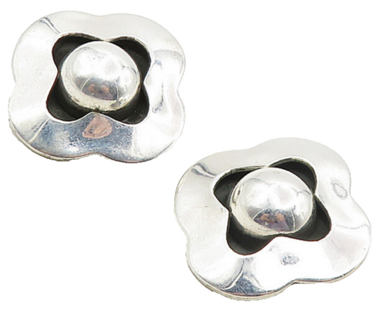 MEXICO 925 Sterling Silver Vintage Shiny Flower Motif Non Pierce Earrings EG4984