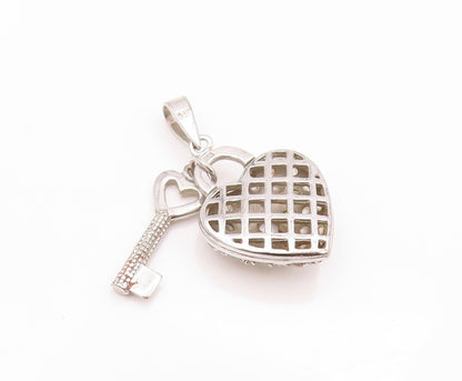 925 Sterling Silver Vintage Pendant CZ Heart Shaped Lock & Key  PT23965