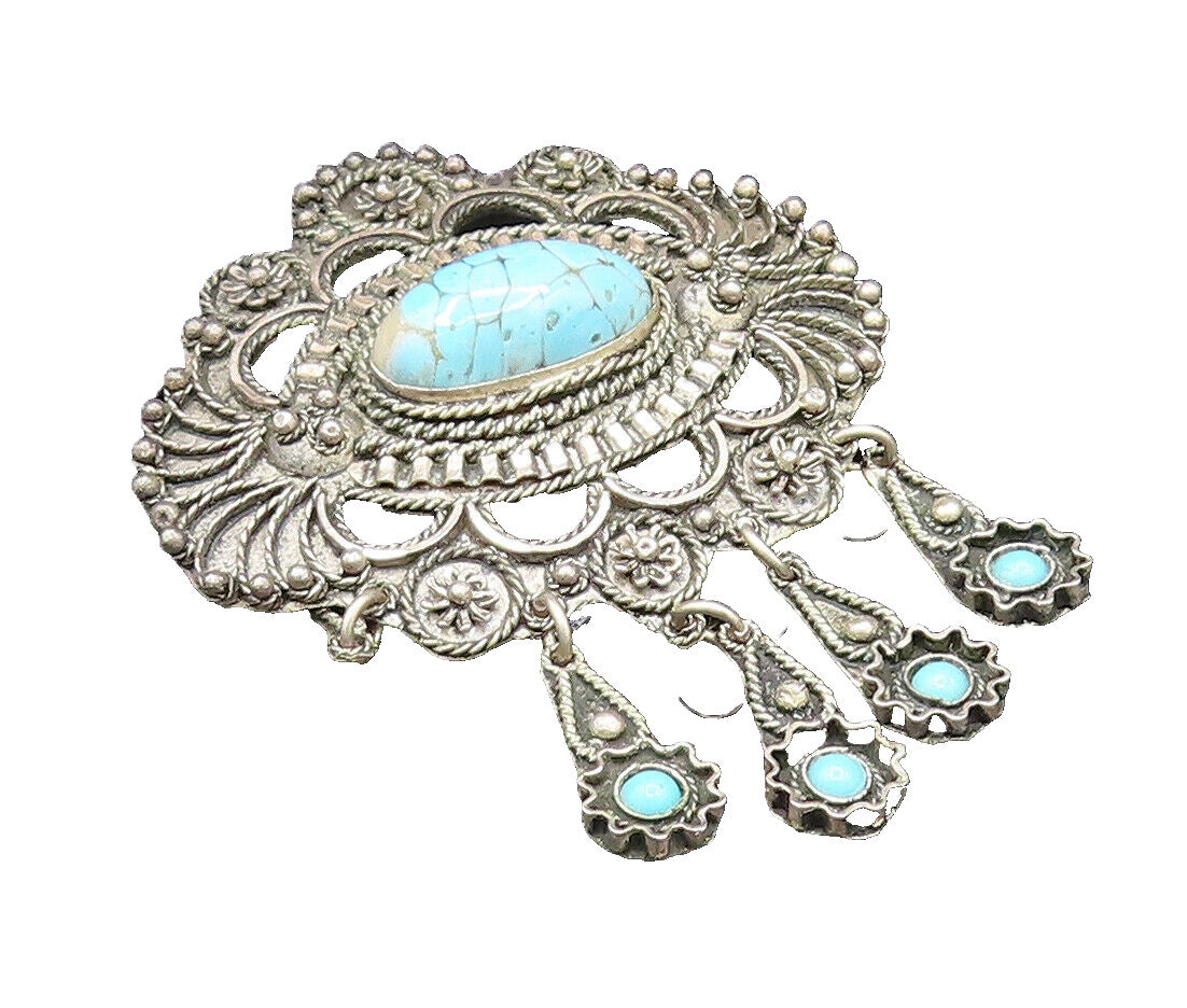 MIDDLE EAST 925 Silver  Vintage Beads & Rope Turquoise Brooch Pin  BP9609