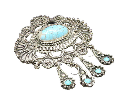 MIDDLE EAST 925 Silver  Vintage Beads & Rope Turquoise Brooch Pin  BP9609