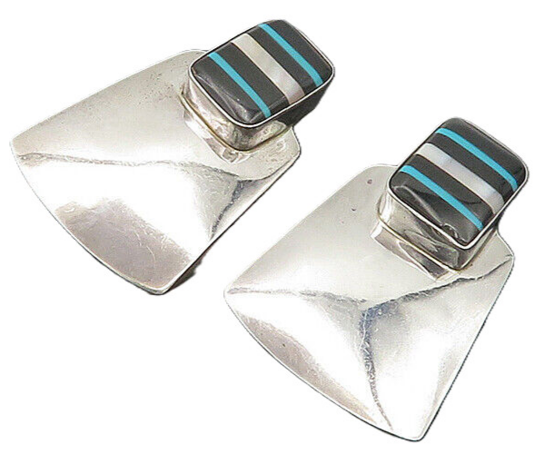 LEONARD NEZ NAVAJO 925 Silver  Vintage Black Onyx Non Pierce Earrings  EG9978