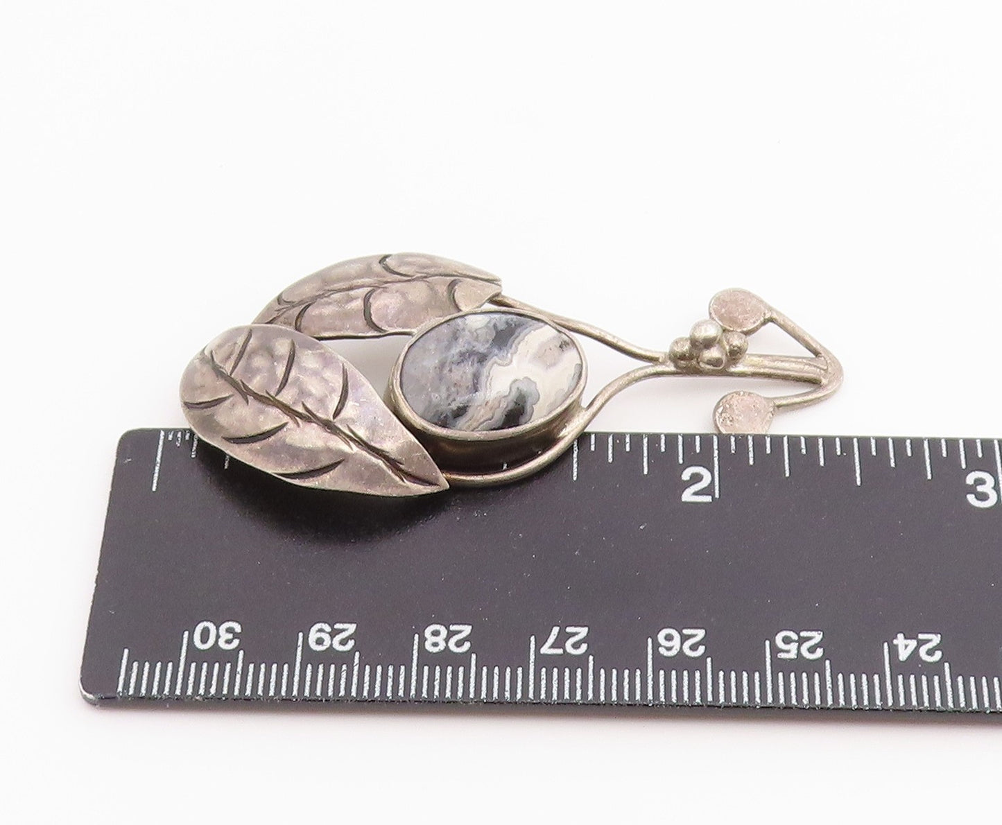 925 Sterling Silver Vintage Pendant Modernist Agate Etched Autumn Leaf  PT26538