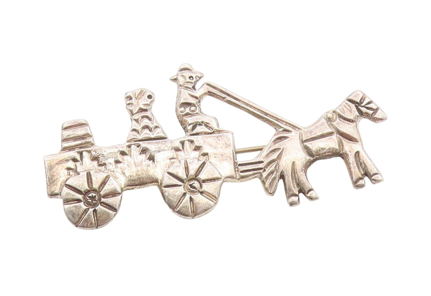 925 Sterling Silver Vintage Brooch Etched Horse and Farm Wagon Pin  BP11783