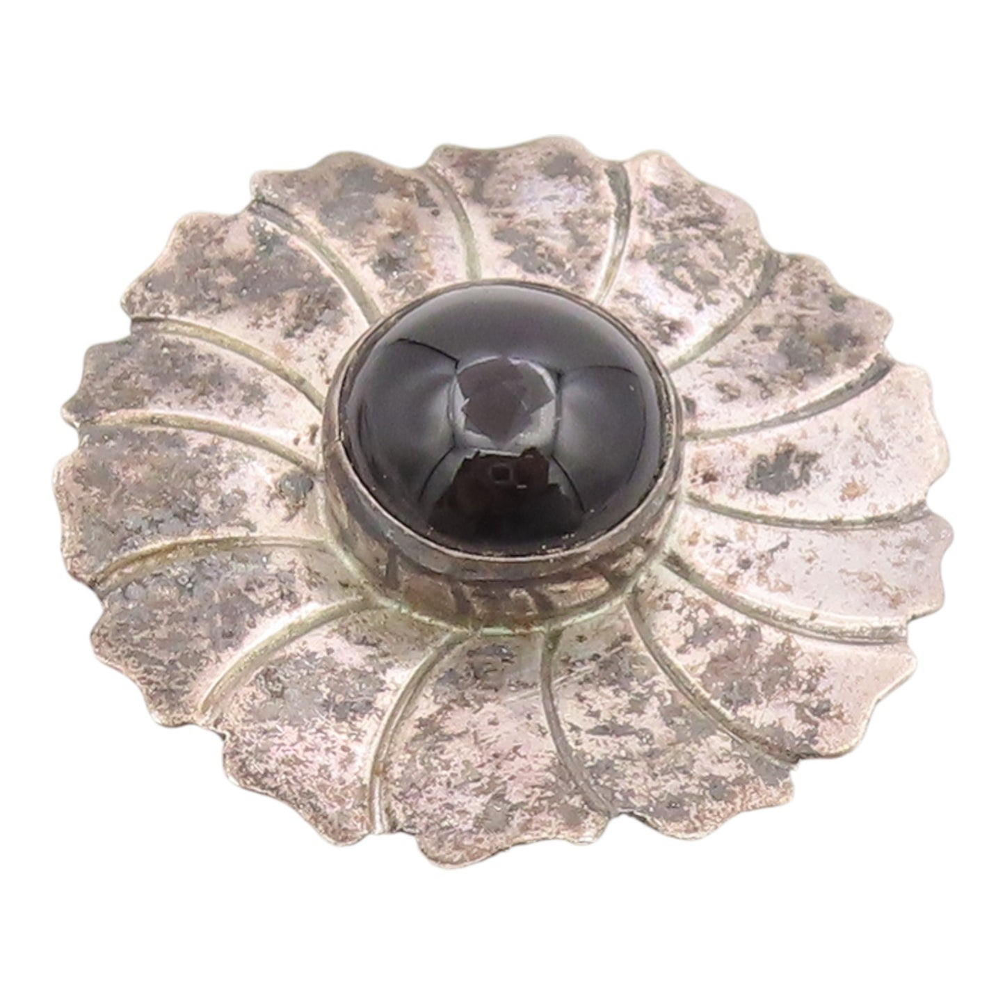 925 Sterling Silver Vintage Brooch Pin Cabochon Onyx Floral Sunburst  BP12517