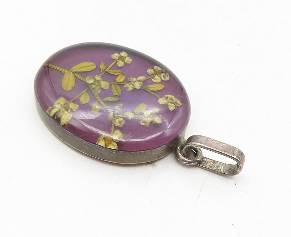 925 Sterling Silver  Vintage Glass Flower Art Oval Drop Pendant  PT7055