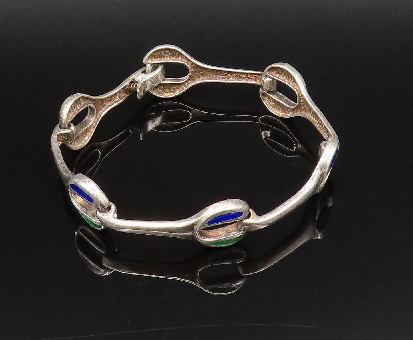 925 Sterling Silver  Vintage Green & Blue Enamel Wrench Link Bracelet  BT9708