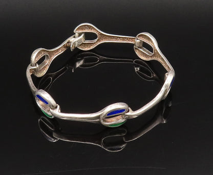 925 Sterling Silver  Vintage Green & Blue Enamel Wrench Link Bracelet  BT9708