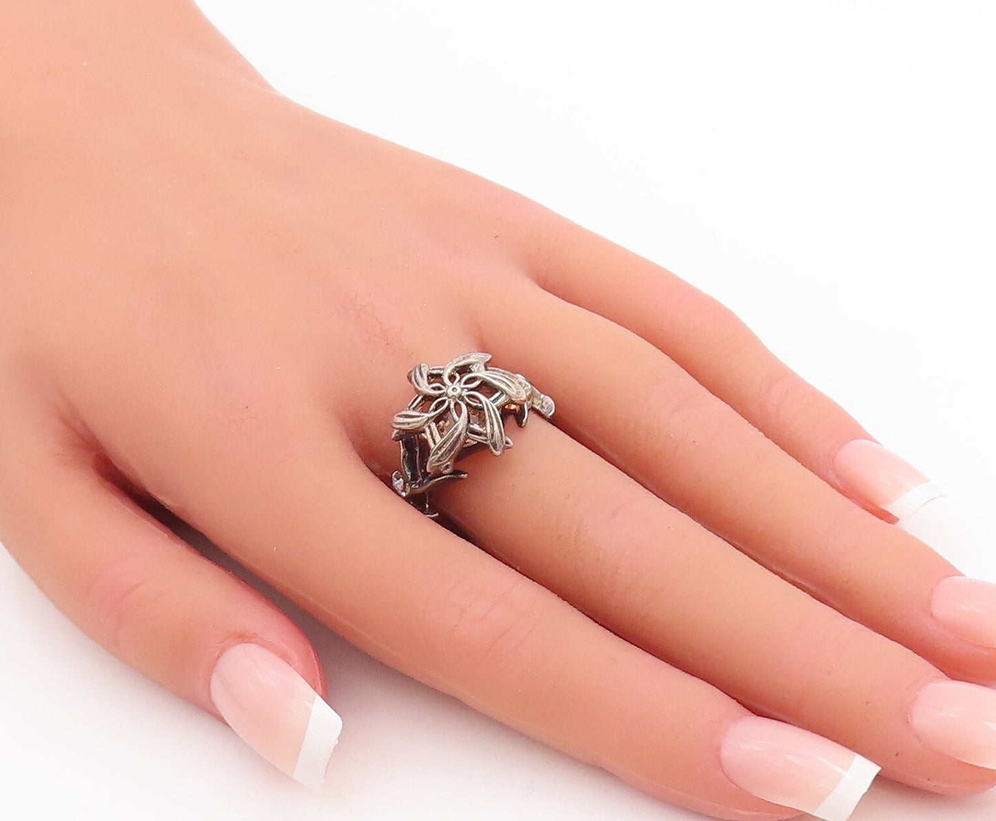 925 Sterling Silver Vintage Ring TNC NLP Solid Cutout Flower  Sz 9 RG28943