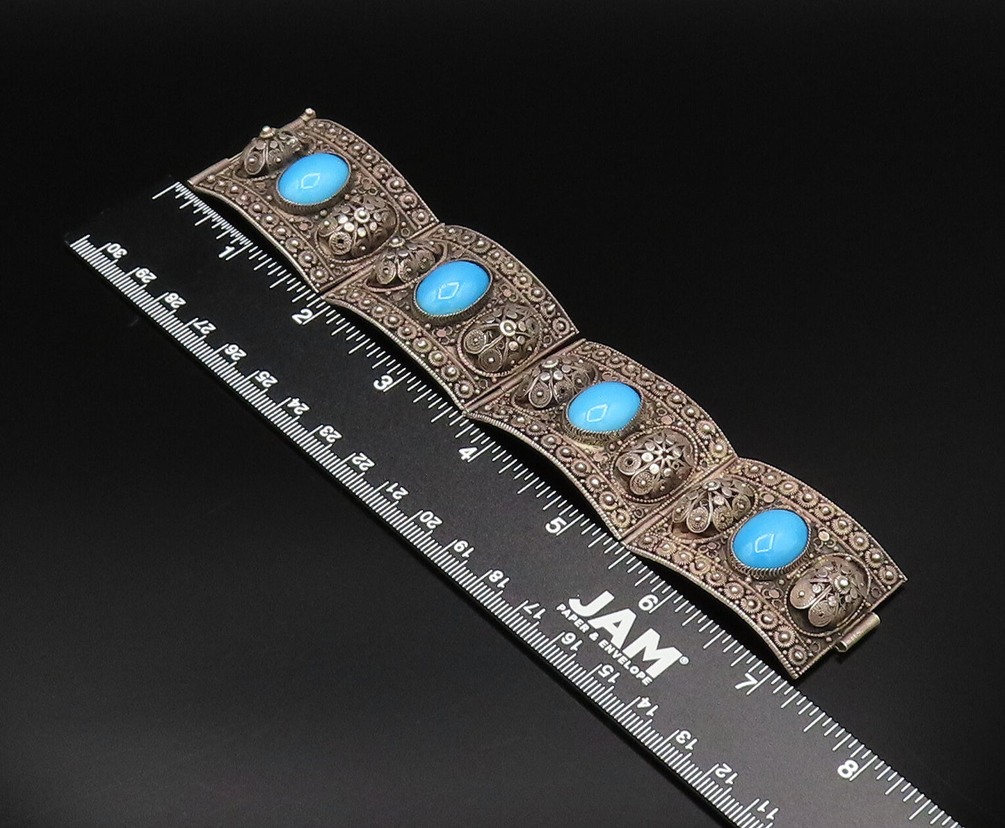 ISRAEL 925 Silver  Vintage 3D Spiral Floral Turquoise Link Bracelet  BT9577