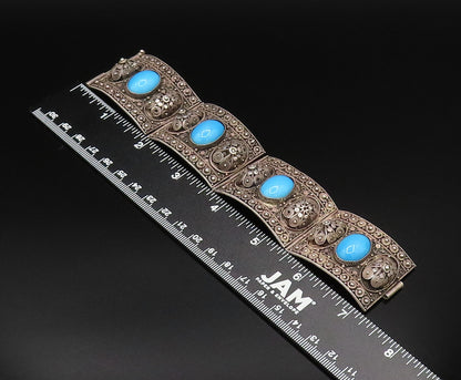 ISRAEL 925 Silver  Vintage 3D Spiral Floral Turquoise Link Bracelet  BT9577