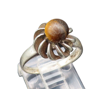 925 Sterling Silver  Vintage Floral Tiger's Eye Ring Sz 6.5  RG25485