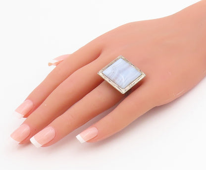 925 Sterling Silver Vintage Ring FINLAND Lace Agate Geometric Band Sz 7 RG34806
