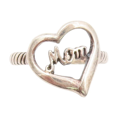 925 Sterling Silver Vintage Ring Open Love Heart Mom Ribbed Band  Sz 7  RG34004