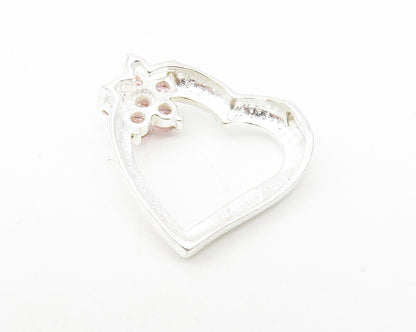 925 Sterling Silver  Pink Topaz Floral Cluster Open Love Heart Pendant  PT9181