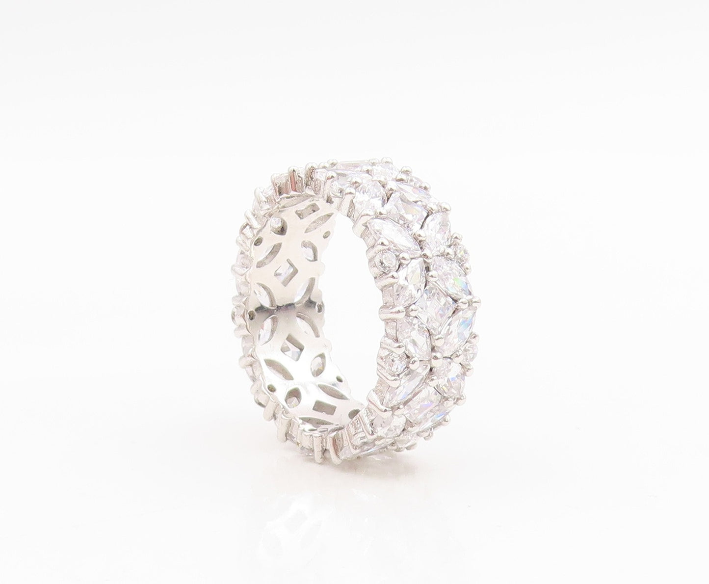 925 Sterling Silver Vintage Ring CZ Elegant Floral Eternity Band  Sz 8  RG35039