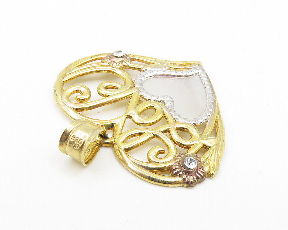 925 Sterling Silver  Mother Of Pearl & Topaz 2 Tone Love Heart Pendant  PT8698