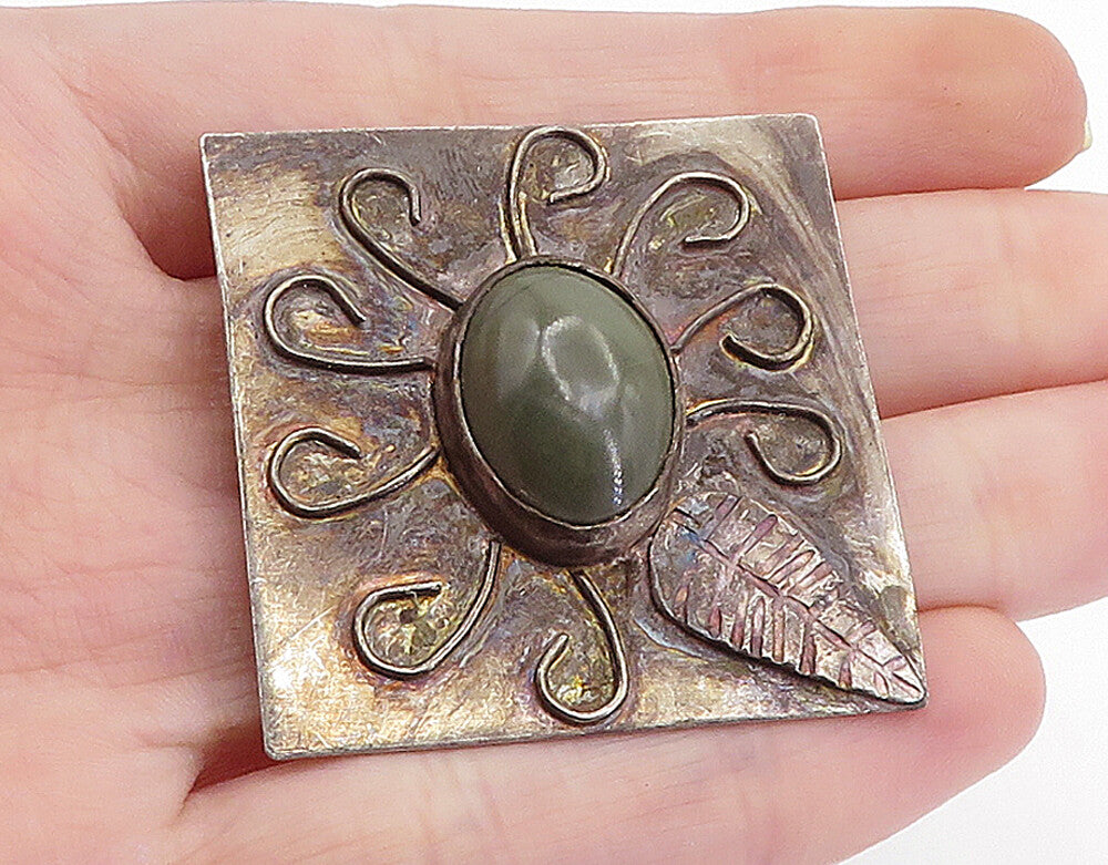 925 Sterling Silver  Vintage Antique Jasper Floral Leaf Swirl Pendant  PT5032