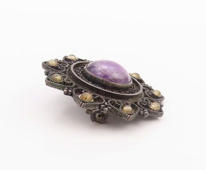 925 Sterling Silver Vintage Brooch Pin ISRAEL Antique Amethyst Gemstone  BP11565